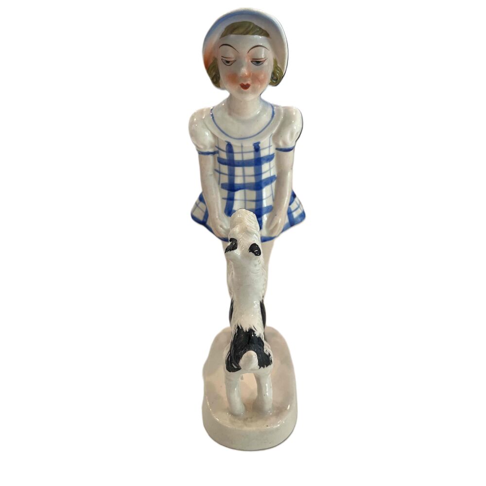 Vintage Porcelain Girl and Schnauzer/Airedale Dog Figurine Japan